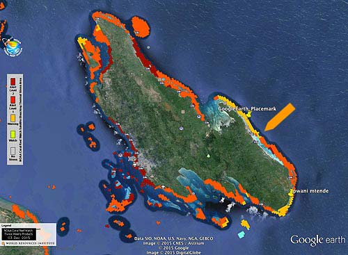 Karte Bleaching Alert Zanzibar 2016