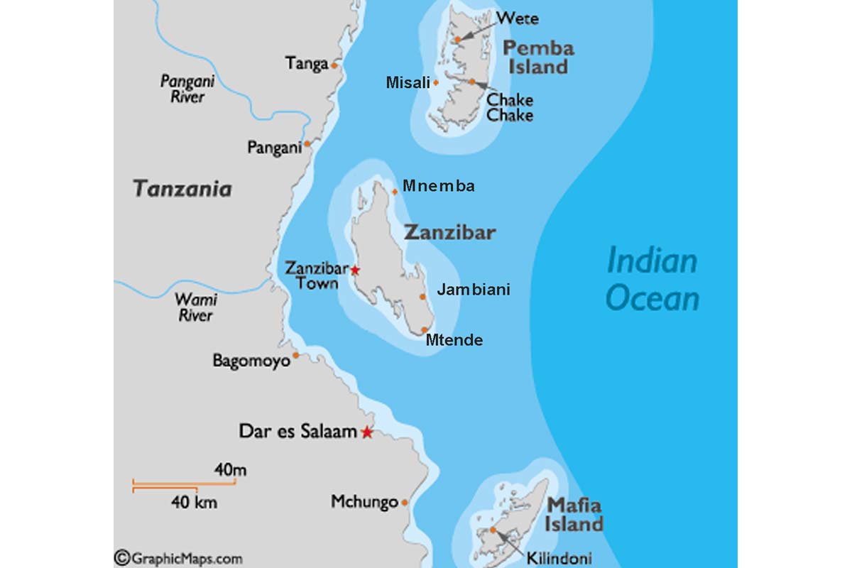 Map of Unguja, Pemba, Mainland Tanzania and M